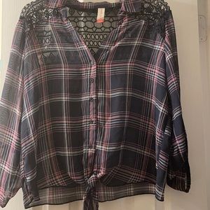 No Boundaries Navy Blue Plaid Button Down Top